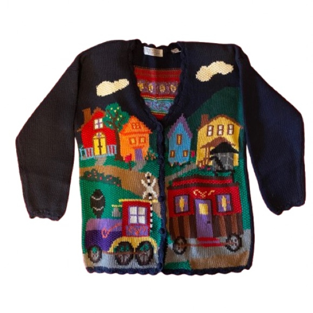 Vintage Karen Scott Women’s Navy Hand Knit Sweater Size M Train Cottagecore
